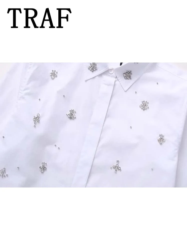 White Shirt Women Rhinestone Button up Shirts for Women Long Sleeve Shirts and Blouses Woman Asymmetric Tops