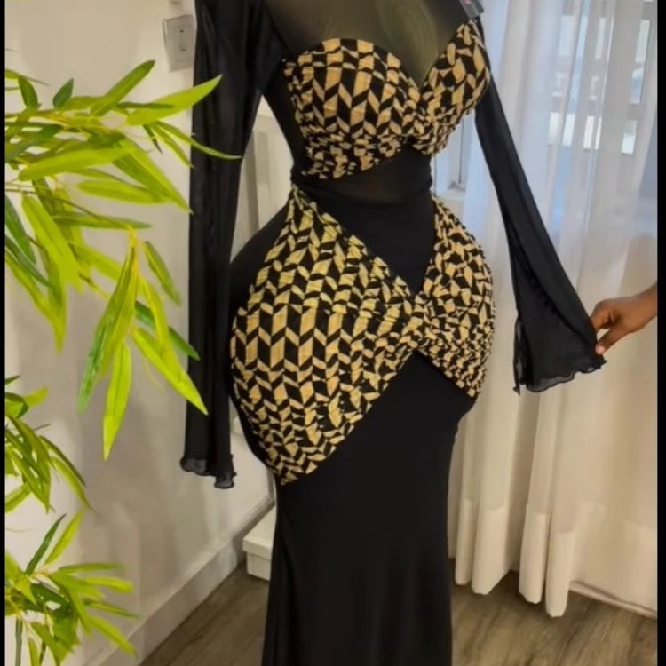 CM.YAYA Women Houndstooth Printed Long Sleeve Draped Ruched Bodycon Midi Mini Dress 2025 Vacation Sexy Party Evening Dresses