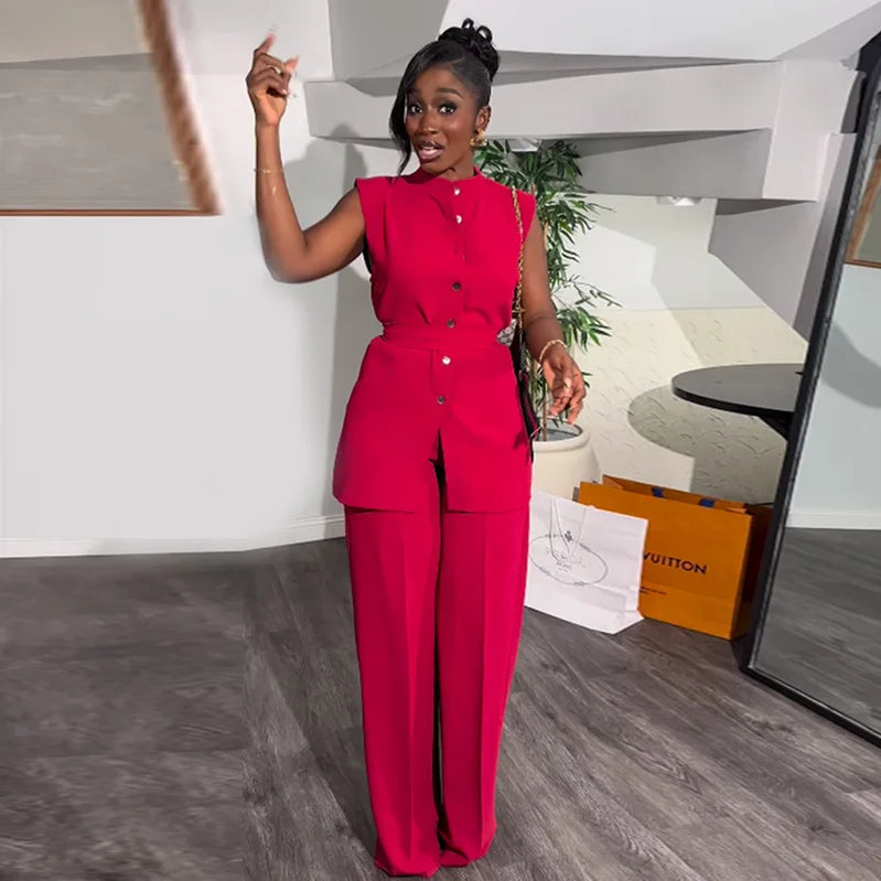 LKF Summer Commuter Casual Women's Set Stand up Collar Buckle Sleeveless Waist Tie Up Top Loose Pants 2-piece Set Wholesale red