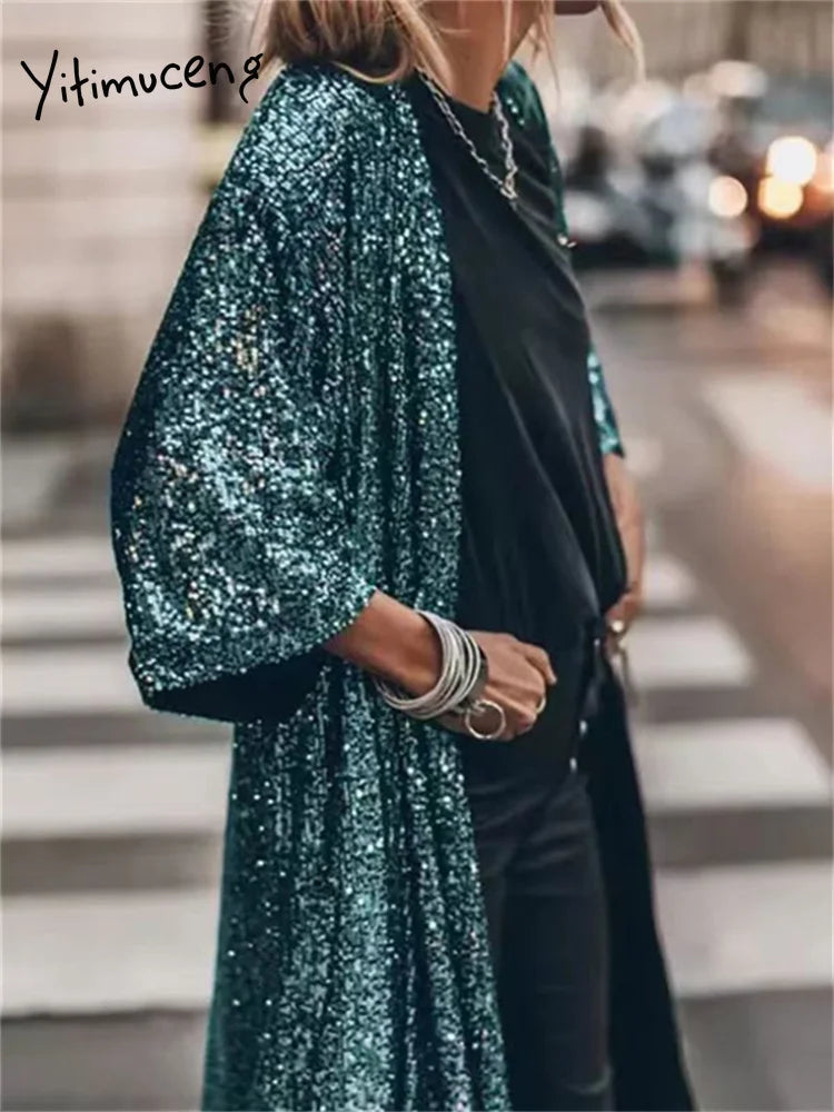 Fashion Sequins Jacket for Women Fall Winter Oversized Casual Party Coats Ladies Chic Long Sleeve Y2k Coats