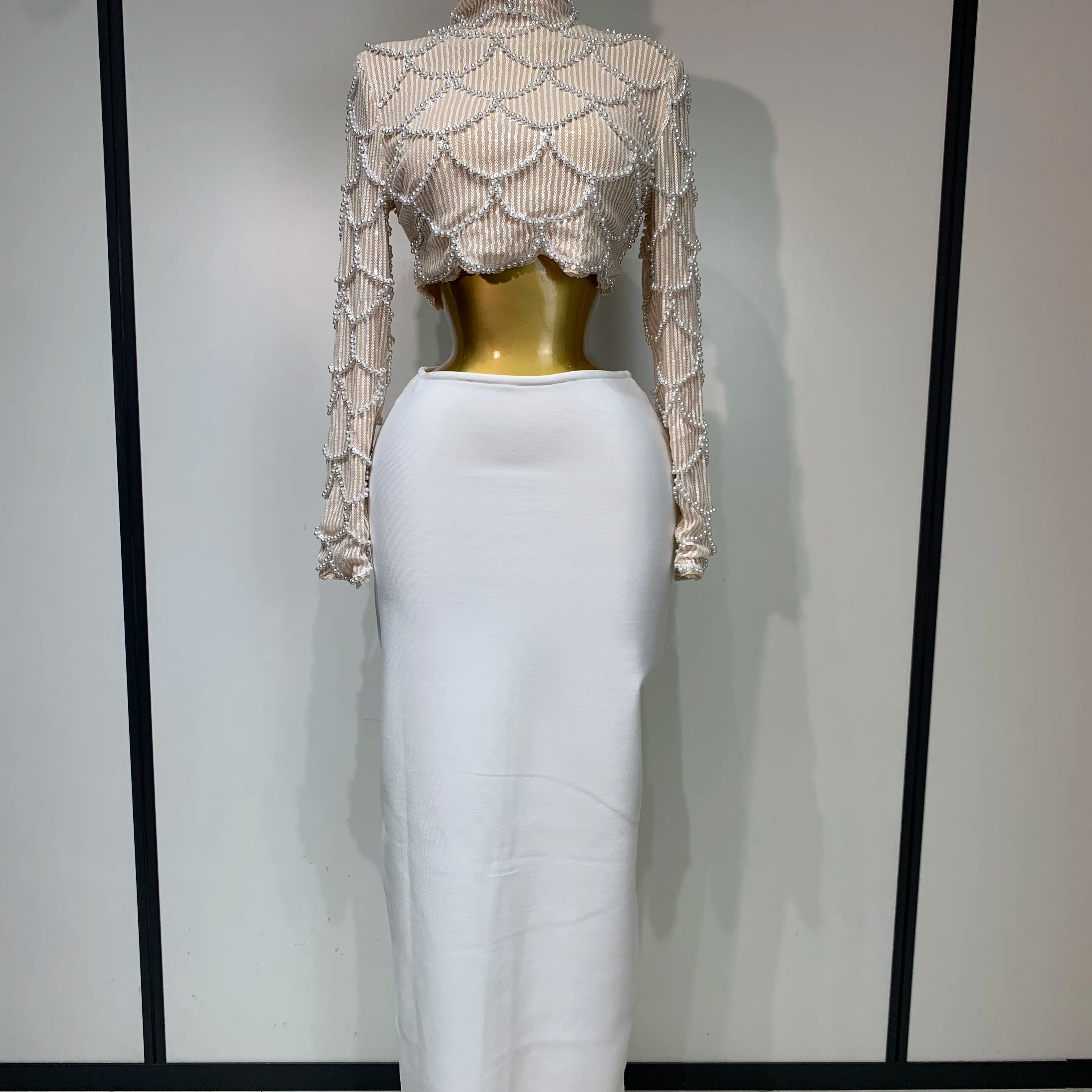 Women Long Sleeve Sexy Beading Tops Two Pieces Set Bodycon Long Bandage Dress Luxury Birthday Evening Party Wedding Guest Gowns