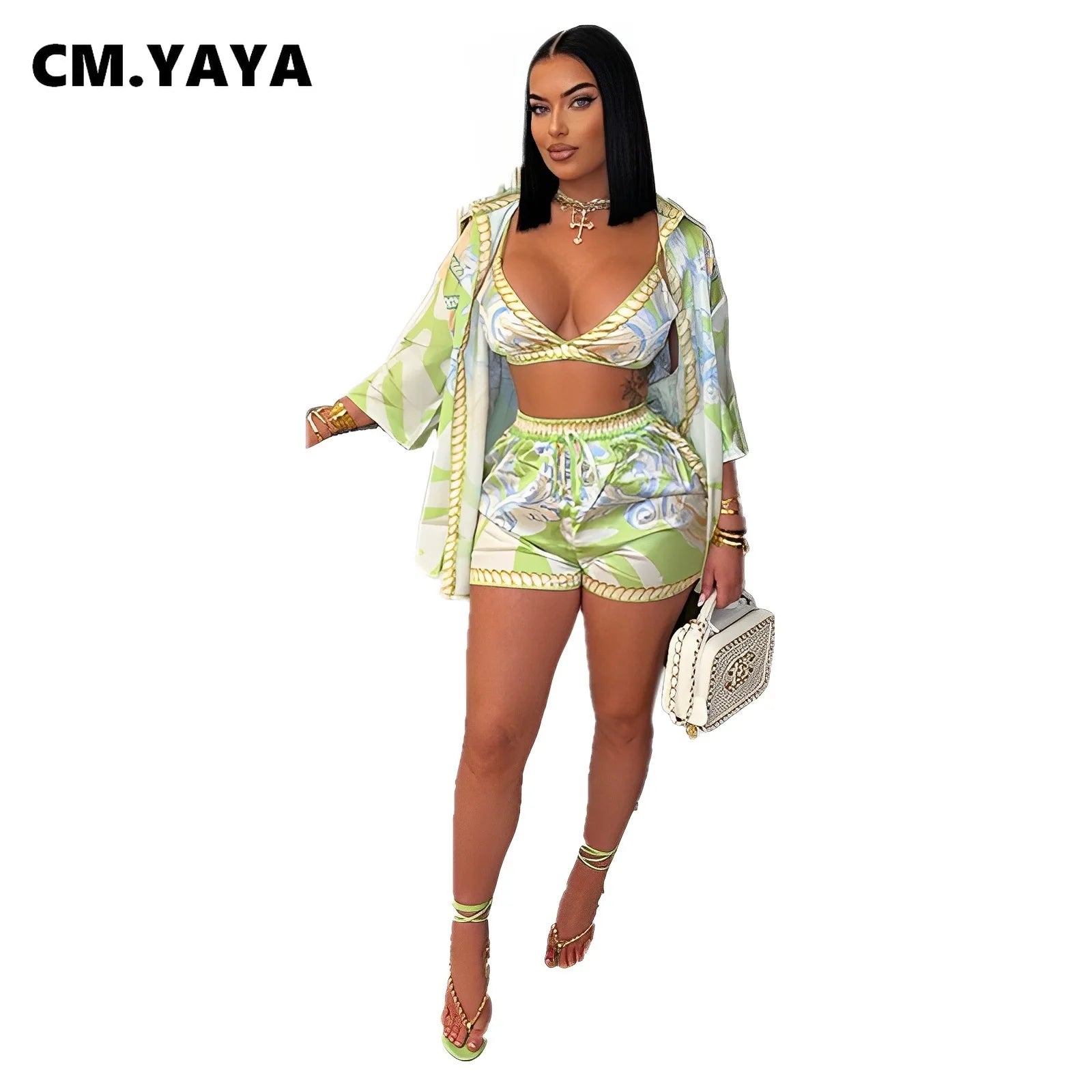 CM.YAYA Paisley Printed Women's Set Three Quarter Sleeve Blouse + Bra Top and Shorts 2025 Beach 3- Piece Sets Outfit Tracksuits