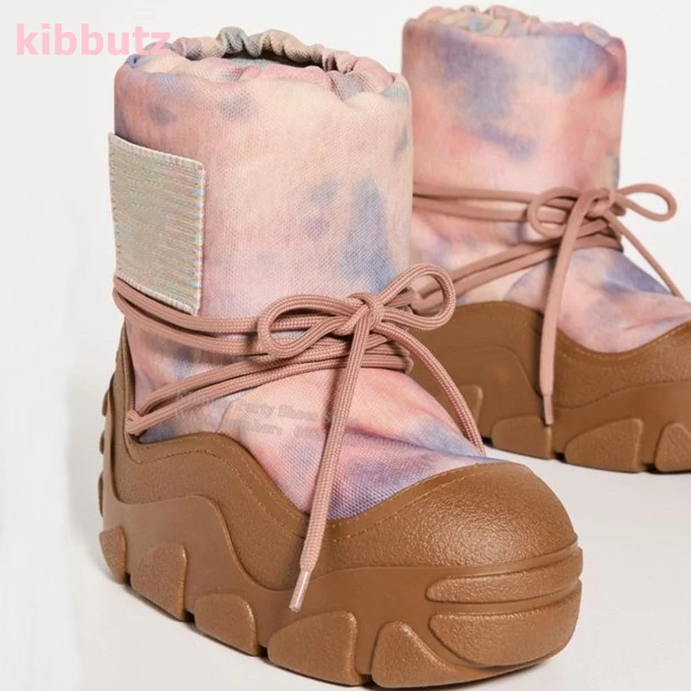 Botas de tornozelo de neve de fundo grosso dedo do pé redondo altura crescente rendas de pele cor misturada inverno quente moda estilo bonito sapatos femininos novo 