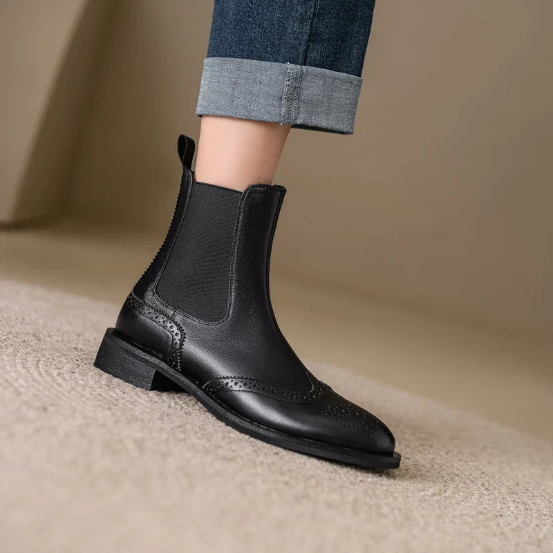 New Autumn Genuine Leather Women Boots Round Toe Ankle Boots for Women Chunky Heels Block Winter Boots Chelsea Boots black