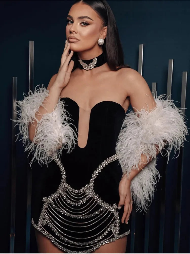 Women Summer Celebrity Sexy Strapless Beading Black Mini Bodycon Bandage Dress 2025 Elegant Evening Club Party Dress