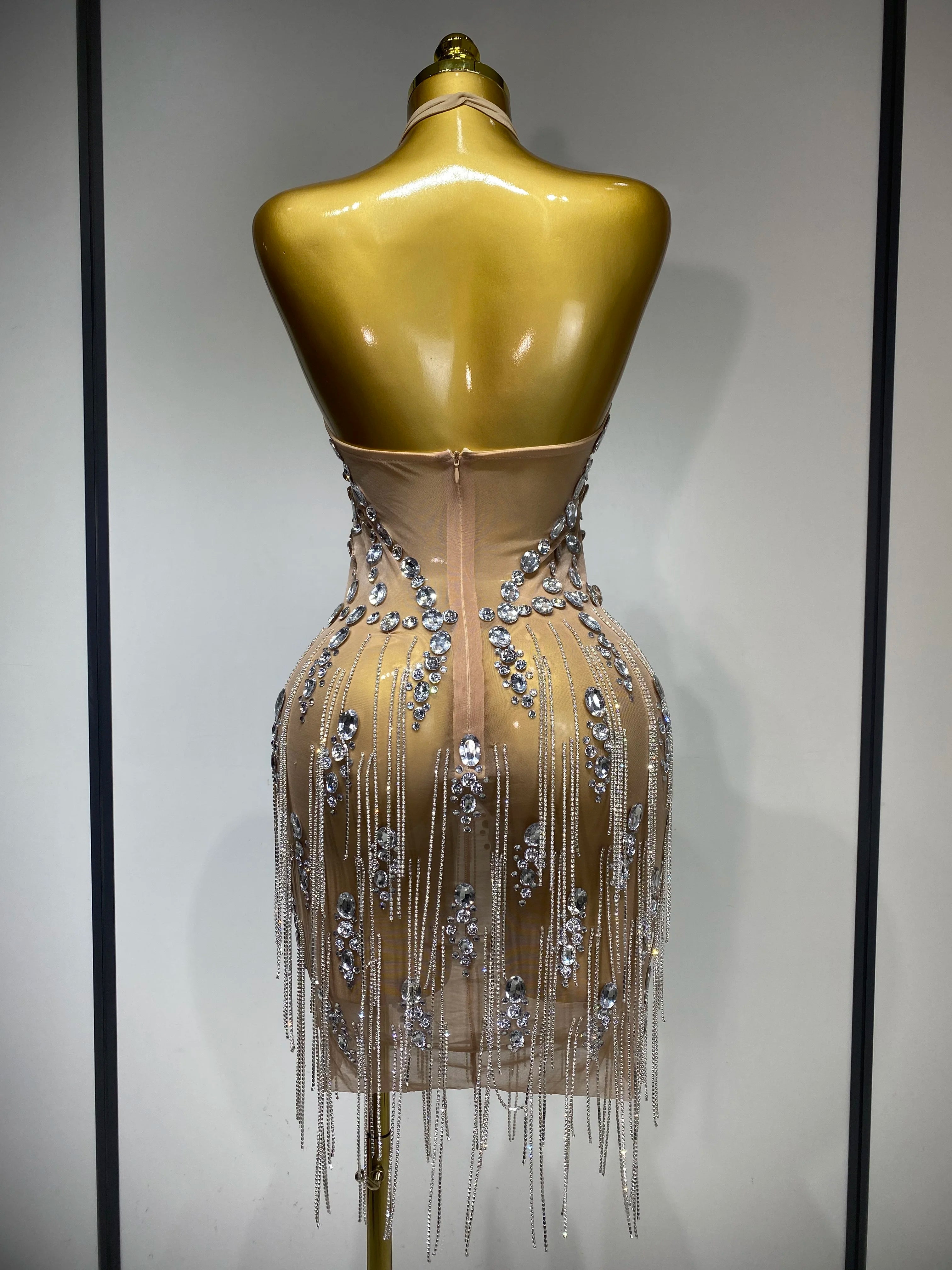 Luxury Rhinestone Evening Party Dress Women Sexy Halter See Through Mesh Luxury Birthday Gowns Nightclub Singer Stage Outfit