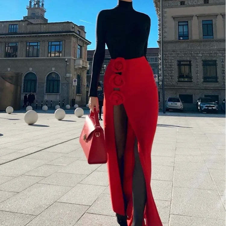 Summer Women Black Red Flower Bodycon Bandage Skirt Designer High Waist Party Office Lady Elegant Split Skirt