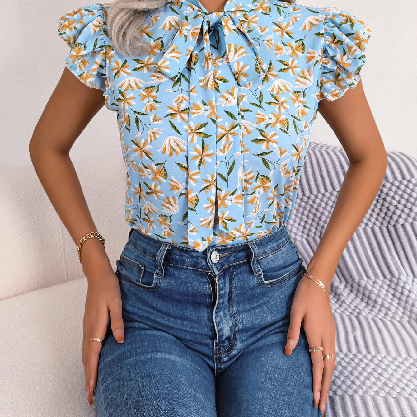 Women Casual Floral Print Bow Ruffles Chiffon Blouse Summer Top