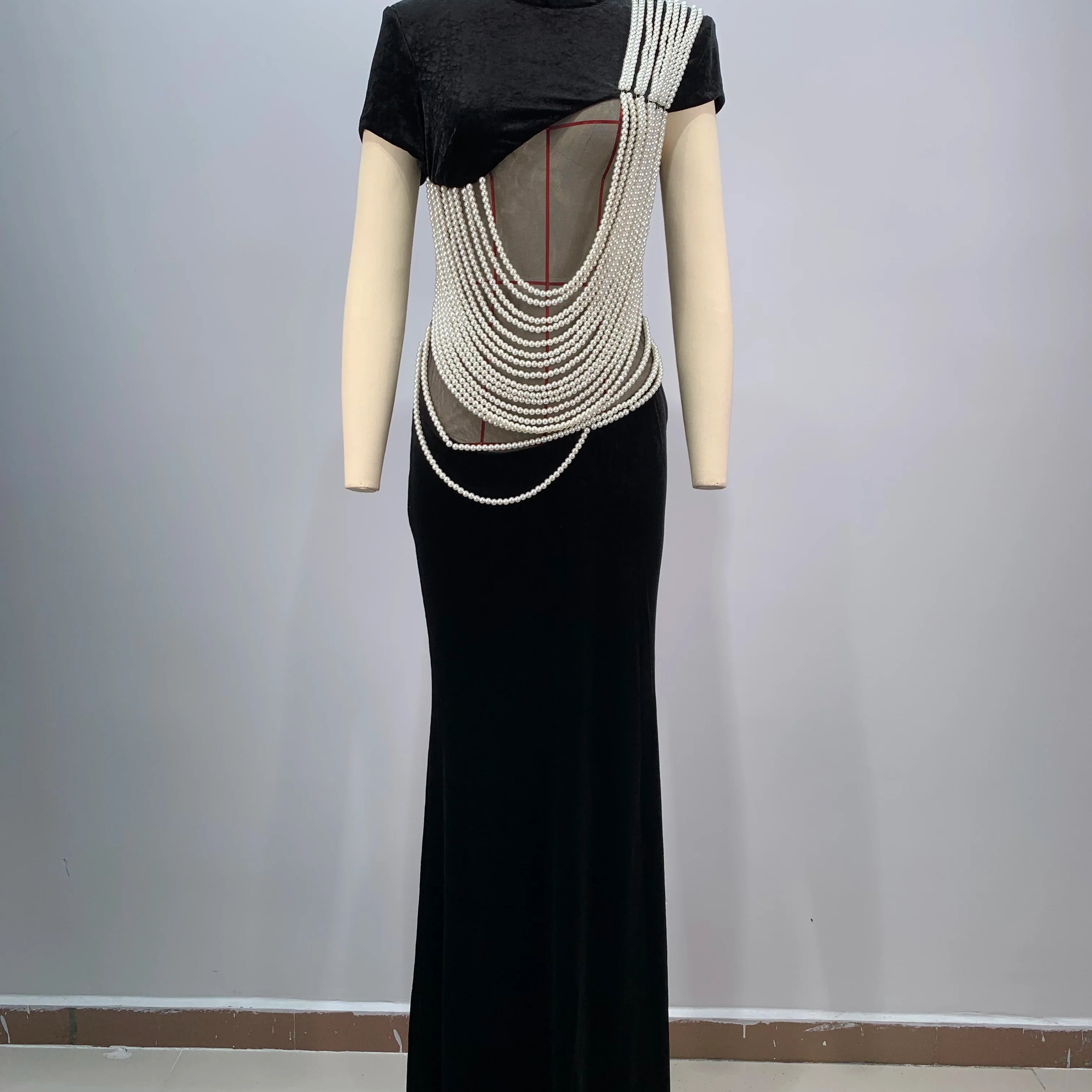 Celebrity Red Carpet Dress Women Sexy Short Sleeve Pearl Beading Bodycon Long Dress Evening Party Prom Outfit Vestido