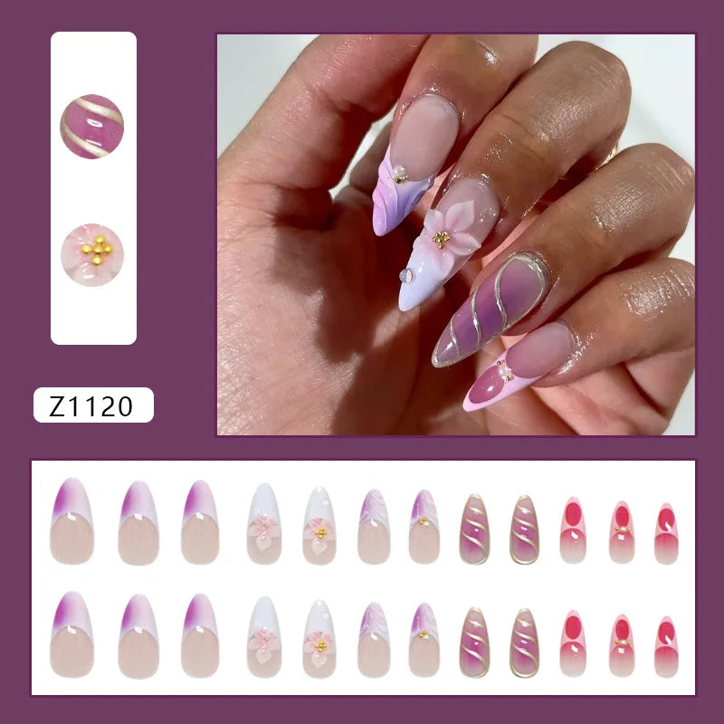 24pcs Pink Flower Press on Nails Ins Sweet Petals Print False Nails for Girl Wearable Reusable Fashion Almond Fake Nail Tips