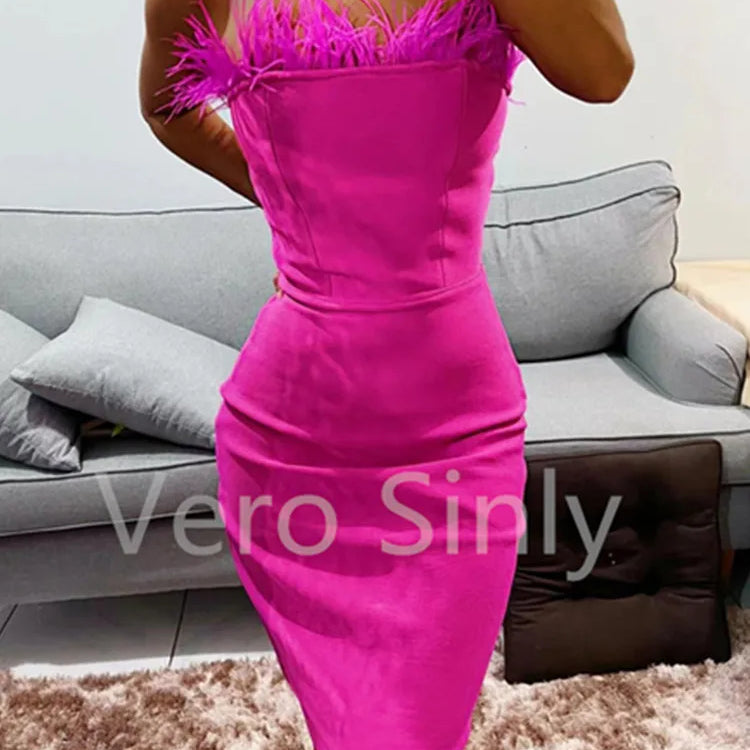 Summer Sexy Strapless Backless Feather Black Midi Women Bodycon Bandage Dress Designer Fashion Party Club Dress Vestido