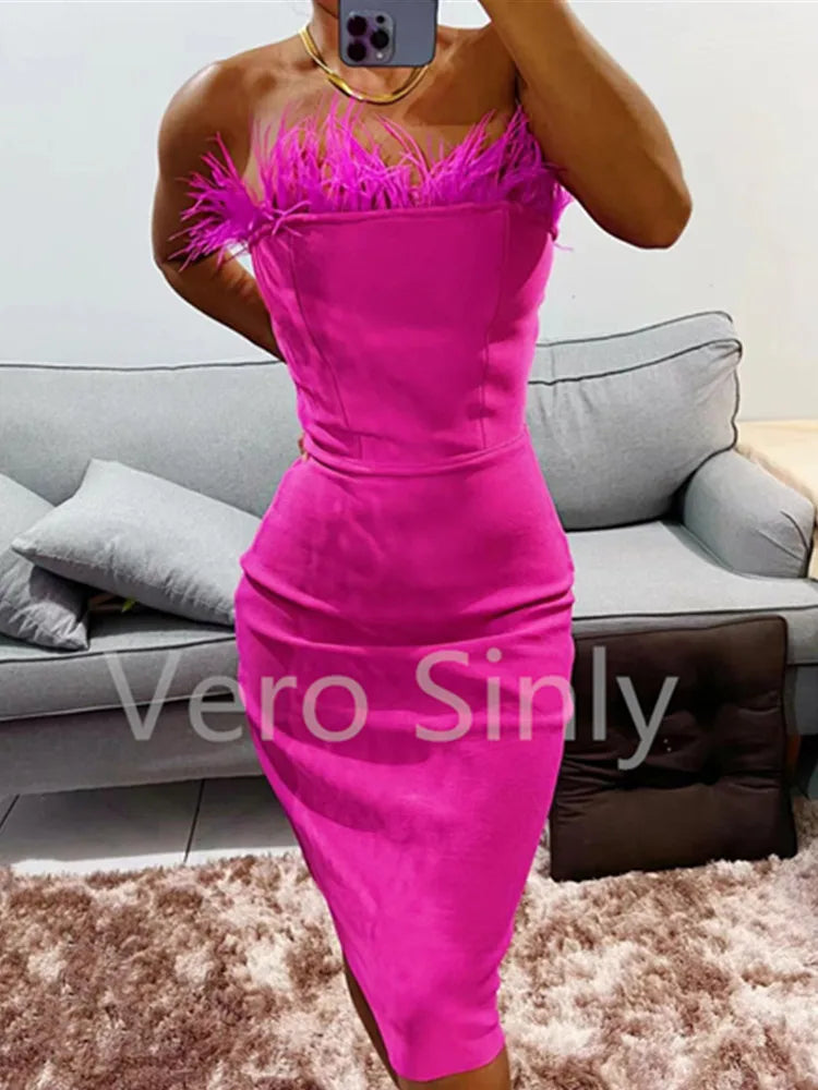 Summer Sexy Strapless Backless Feather Black Midi Women Bodycon Bandage Dress Designer Fashion Party Club Dress Vestido