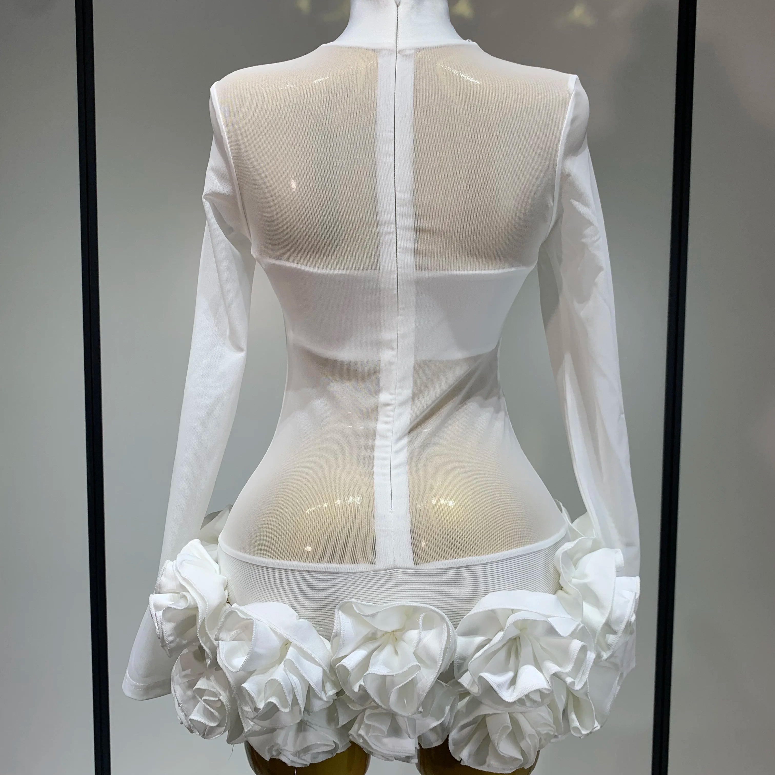 Women Sexy Mesh See through Stereoscopic Flowers White Red Mini Bandage Dress Birthday Evening Party Club Singer Perform Costume