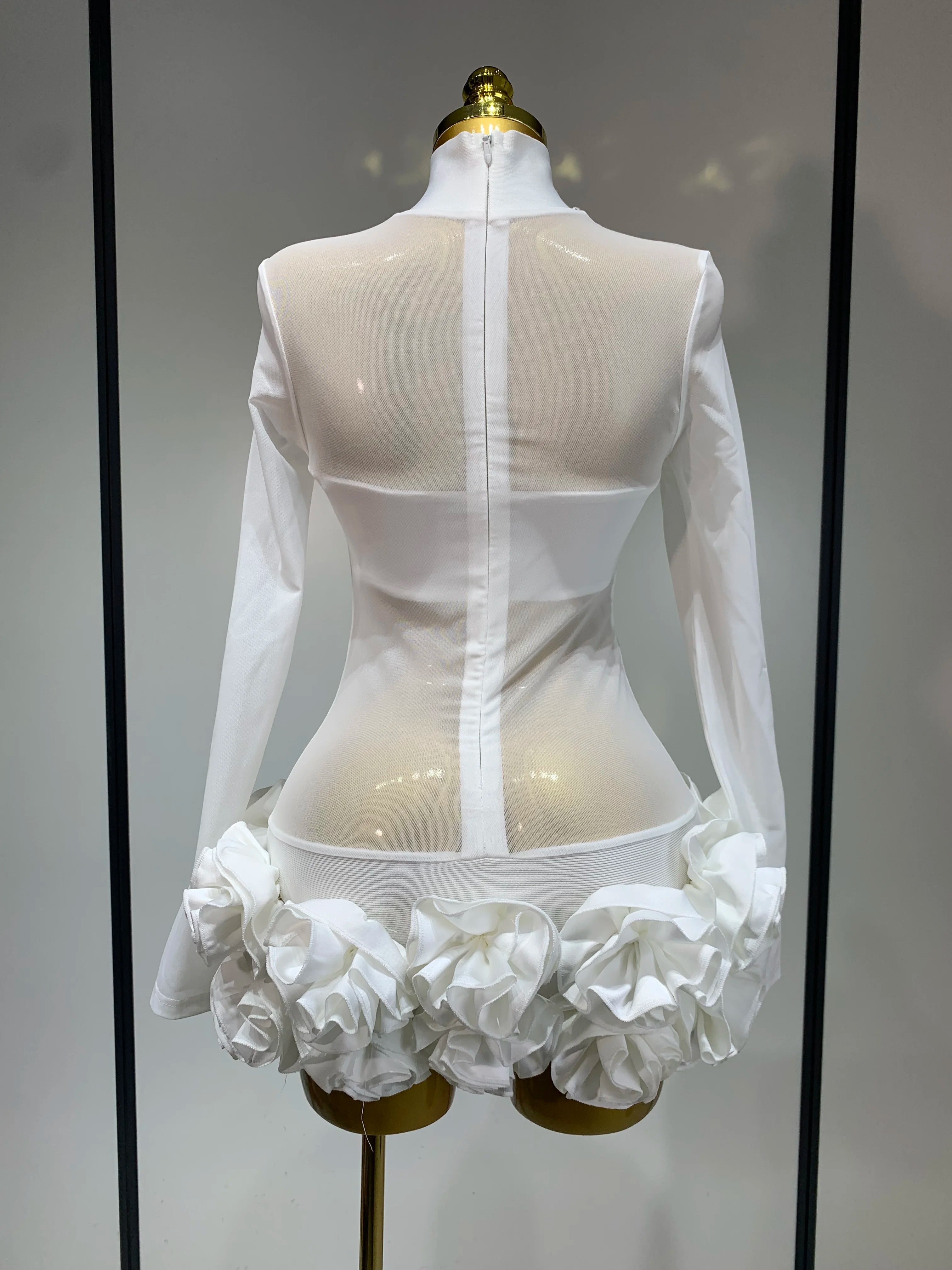 Women Sexy Mesh See through Stereoscopic Flowers White Red Mini Bandage Dress Birthday Evening Party Club Singer Perform Costume