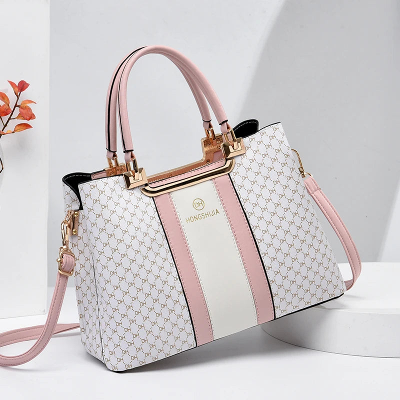 Plaid Pattern Shoulder Bag, Portable Handle Large Capacity Handbag, Detachable Strap Classic Shoulder Bag Pink