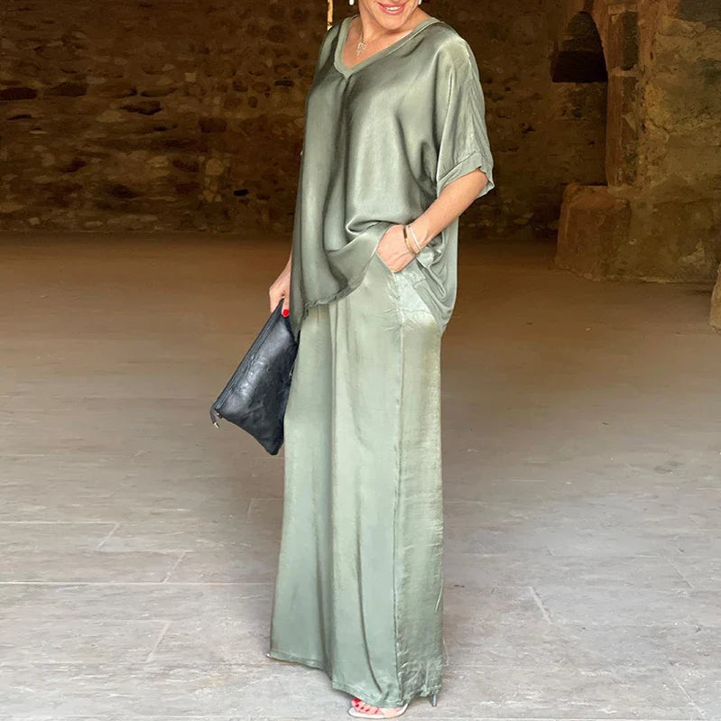 Plain V Neck Top Pullover and Wide-leg Pants Outfit Sets for Women Spring Loose Satin Suit Summer Short Sleeve T-shirt Two Piece