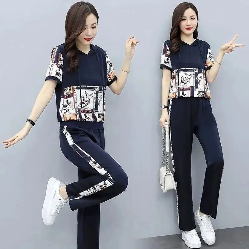 Women's Large Autumn New Casual Suit Loose Fashion Printed Hooded Short Sleeve Tops And Pants 2 Two Piece Set Plus Size Clothing