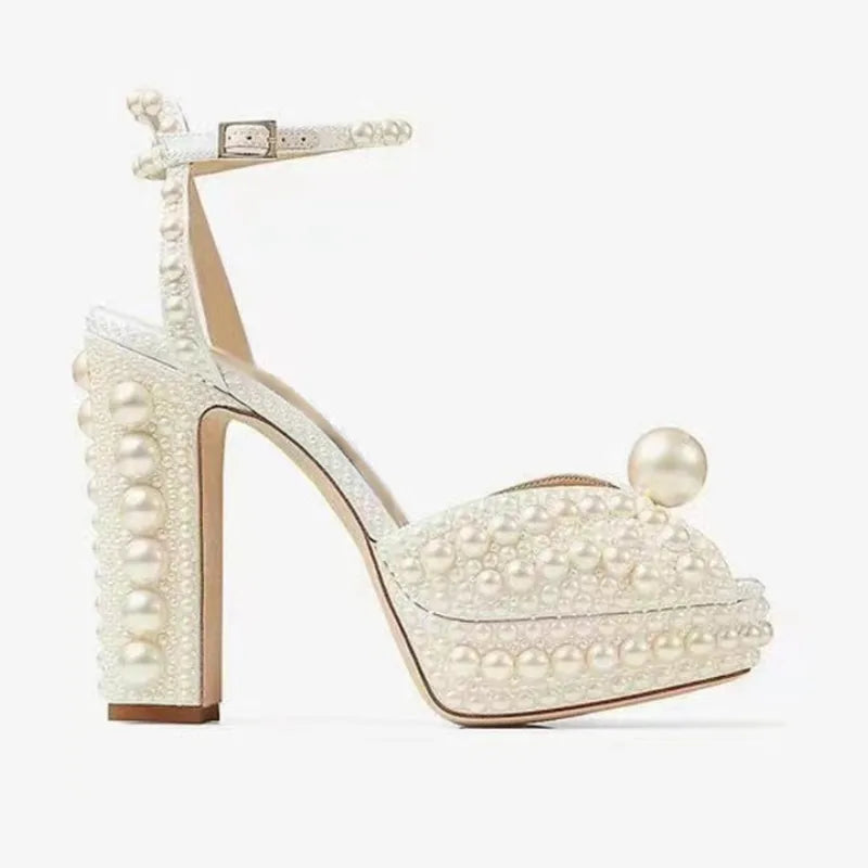 Handmade Beaded Thick Heel Fish Mouth Sandals 35-41 High Heel Waterproof Platform Women's Shoes Wedding Dress Luxury Pearl 23026-white