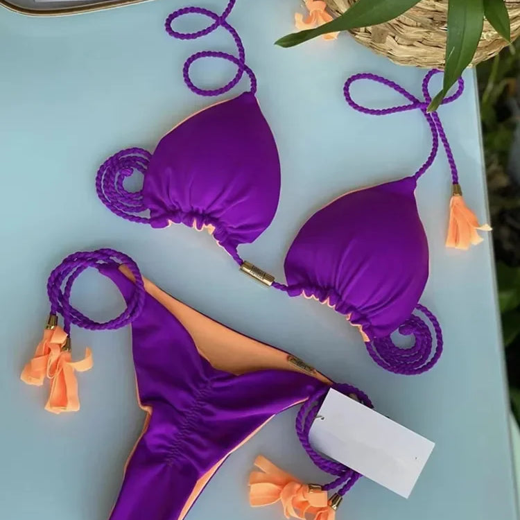 New Women Bikini Backless Rope Triangle Swimsuit Multicolor 8271