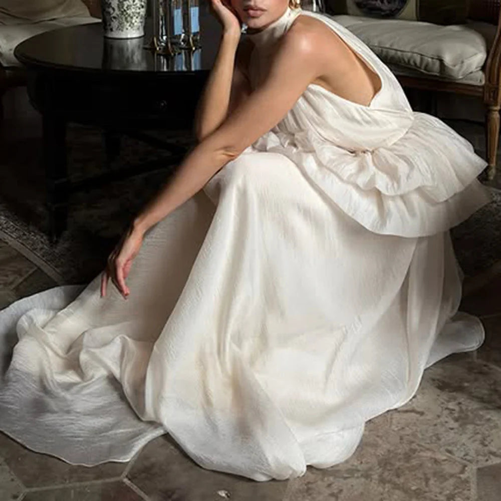 Solid Spliced Ruffles Folds Elegant Dresses for Women High Neck Sleeveless Temperament Dress Female Clothing New