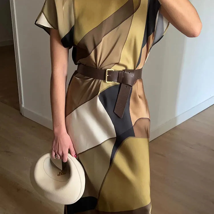 TRAFZA New Summer Women's Long Dress Print O-Neck Short Sleeves Back Hollow Out Vinatge Chic Pleats Loose Female Dresses