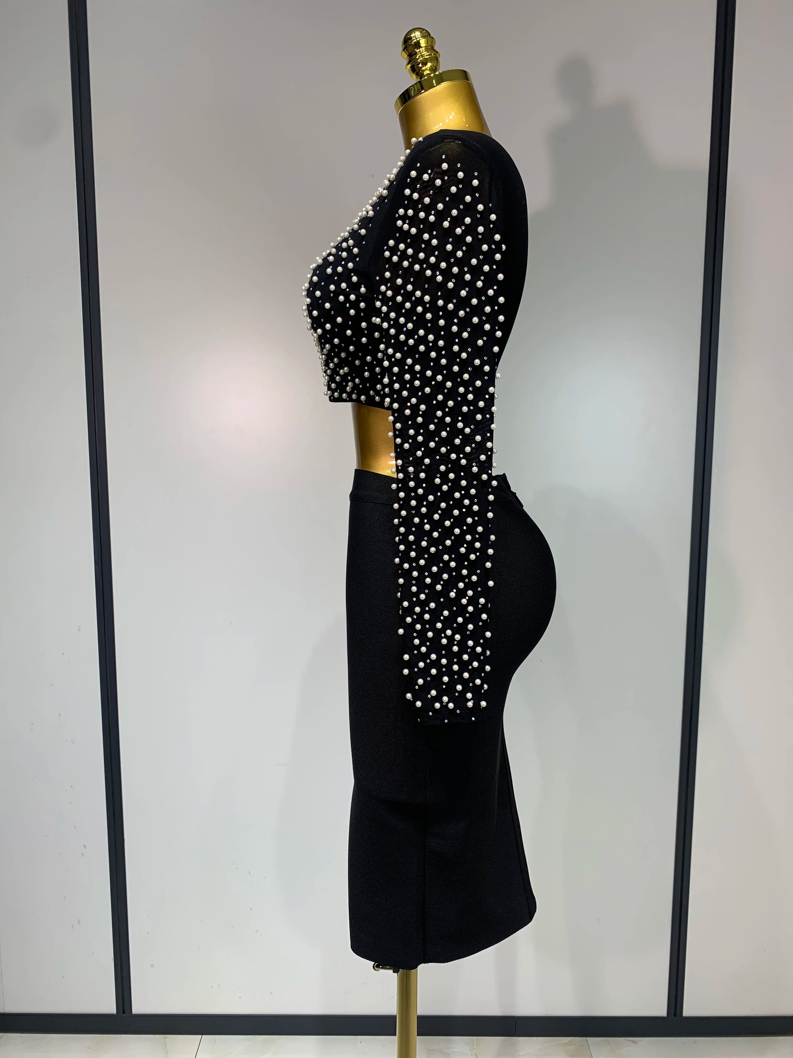 Women Sexy Long Sleeve Mesh Pearl Black Top Celebrity Midi Women Bandage Set 2025 Designer Evening Party Birthday Two Piece Set