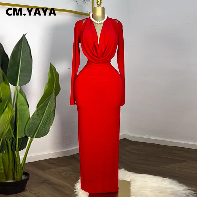 CM.YAYA Women Full Sleeve Pile Collar Long Maxi Dress 2025 Sweet Holiday Beach Birthday Evening Sexy Girl Party Dresses Vestidos