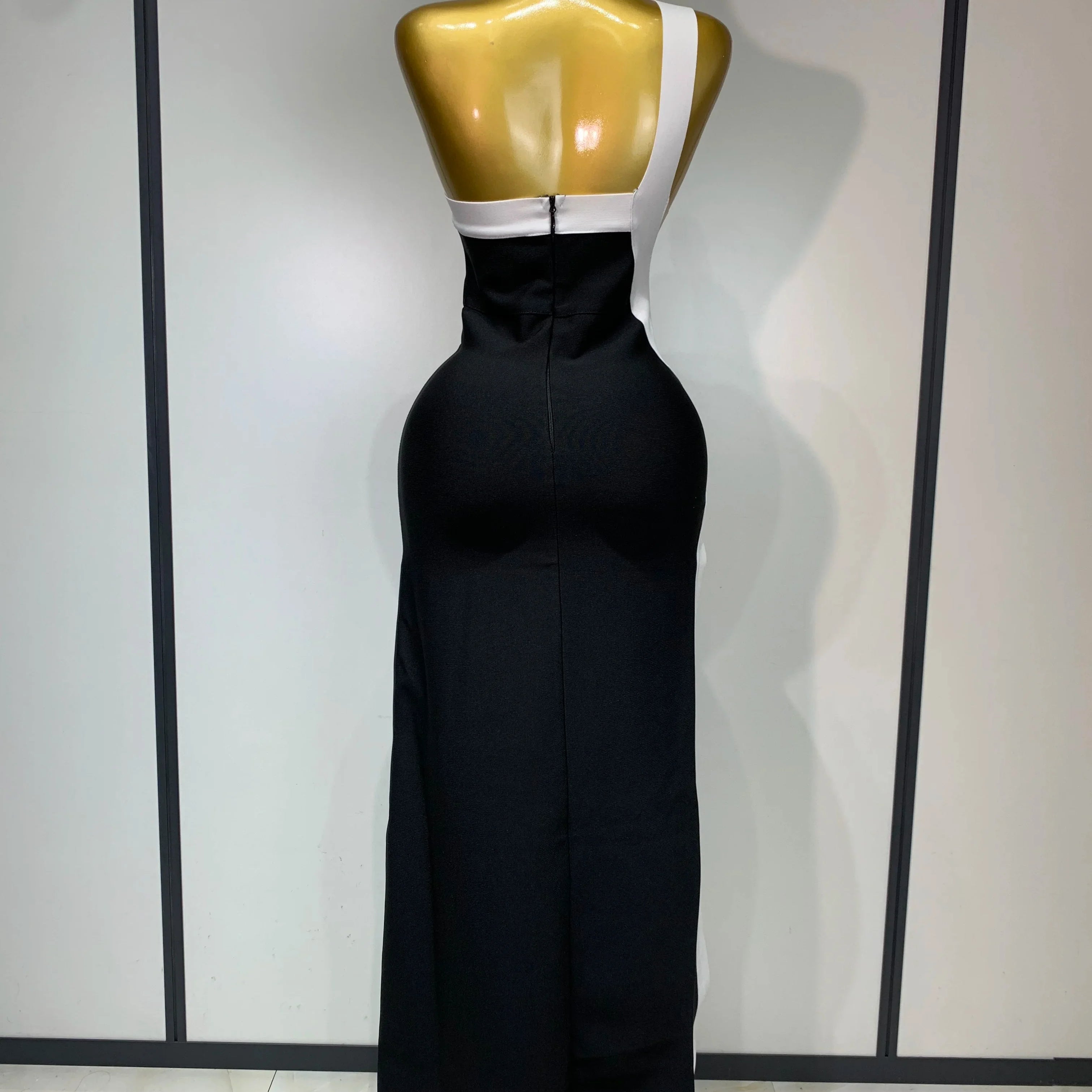 Women Sexy One Shoulder Split Black White Patchwork Bandage Bodycon Dress  Celebrity Elegant Evening Party Birthday Outfit