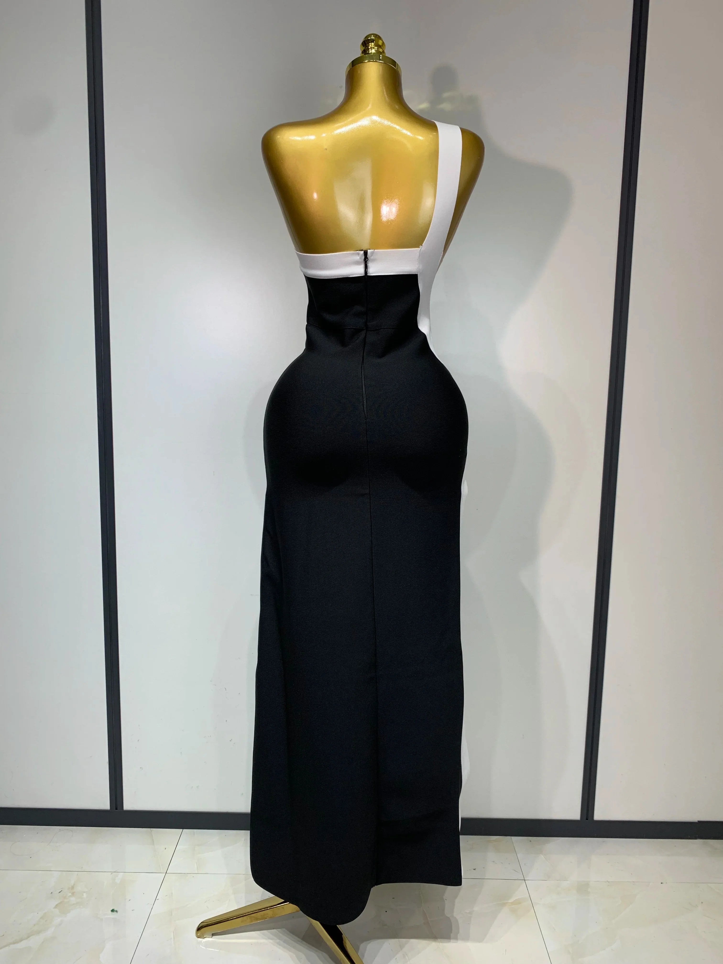 Women Sexy One Shoulder Split Black White Patchwork Bandage Bodycon Dress  Celebrity Elegant Evening Party Birthday Outfit