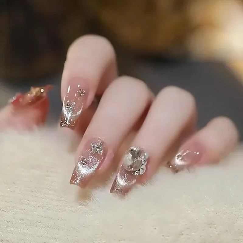 24Pcs False Nails French Gradient Ballet Fake Nails Press on Nails Black Heart Rhinestone Design Glitter Full Cover Nail Tips