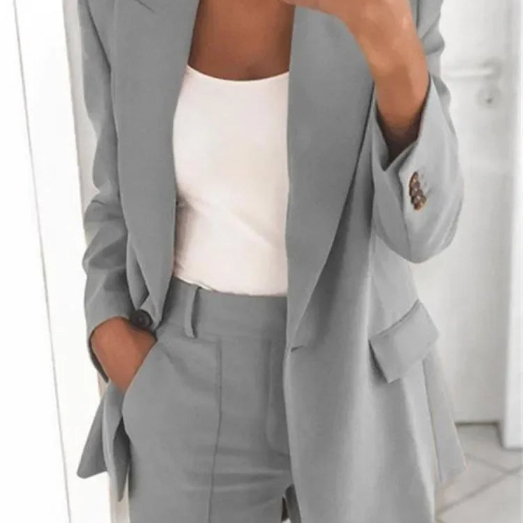 S-5XL Women's Blazer Casual Long-sleeved Top Solid Color Suit Collar Button Simple Temperament Commuter Plus Size Blazer grey TOP
