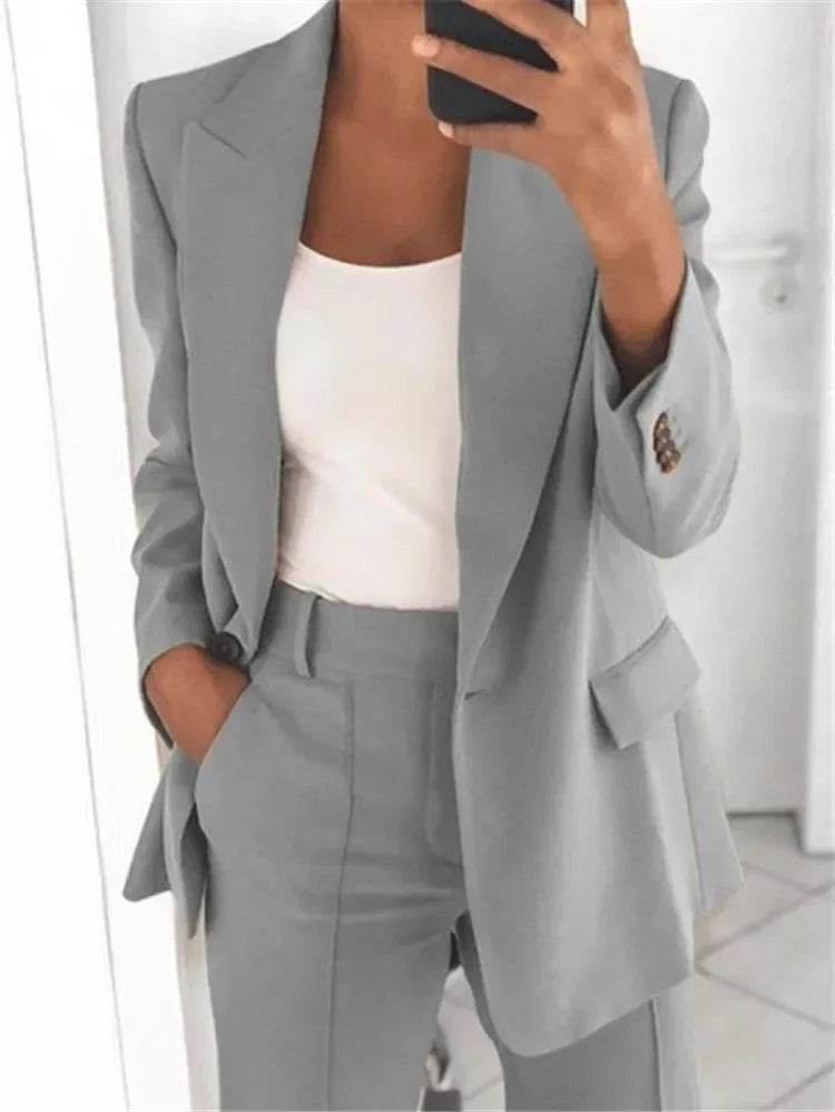 S-5XL Women's Blazer Casual Long-sleeved Top Solid Color Suit Collar Button Simple Temperament Commuter Plus Size Blazer grey TOP