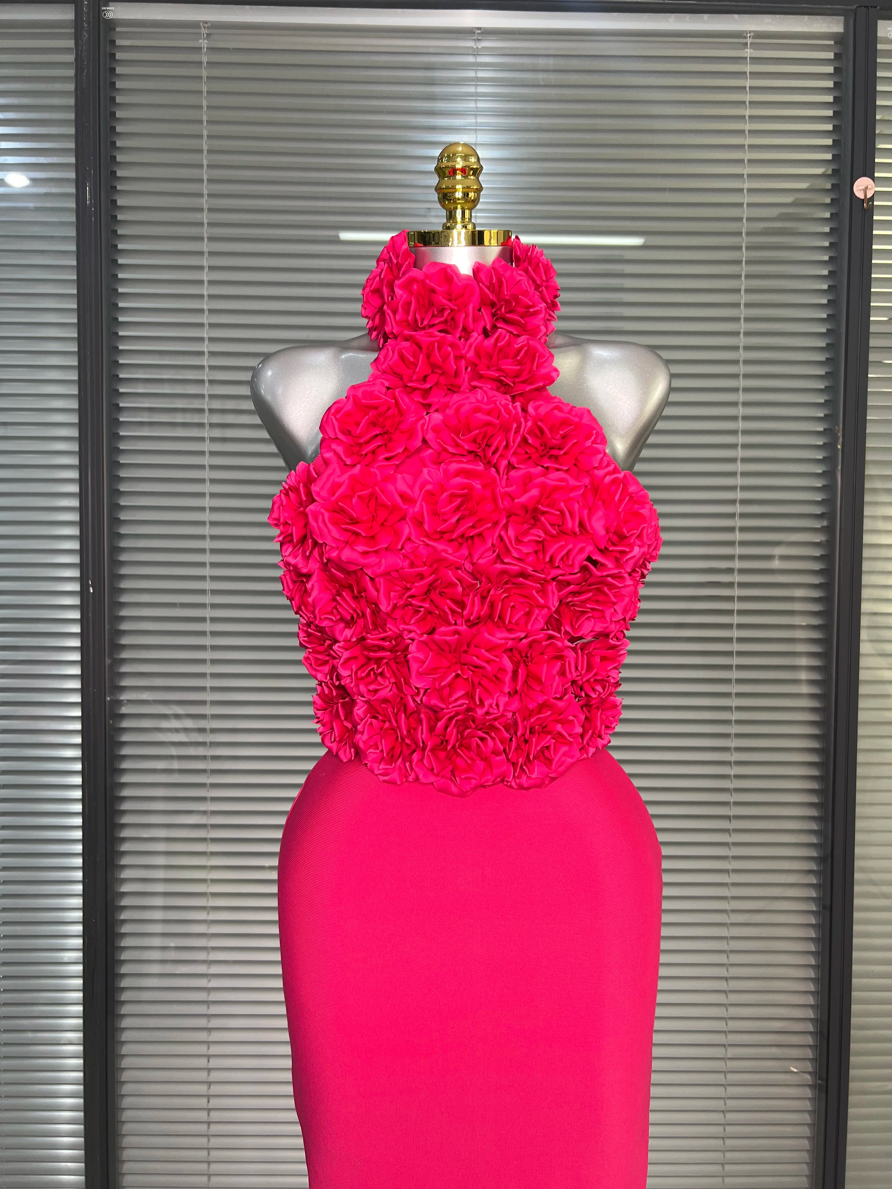 Women Sexy Hot Pink Flower Halter Long Bodycon Bandage Dress Birthday Backless Celebrity Party Dress