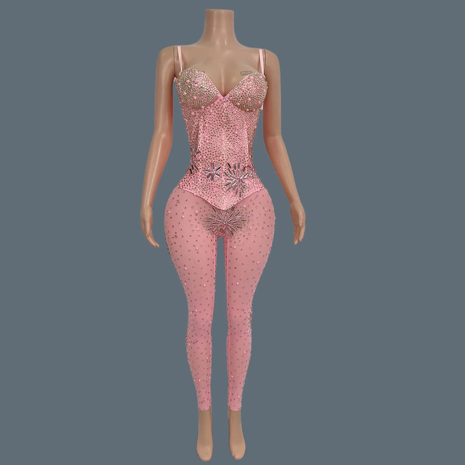 Sparkly Rhinestone Spandex Sleeveless Bodysuit Women Sexy Sheer Mesh Birthday Party Outfit gig Dance Performance Wear Niubujiao
