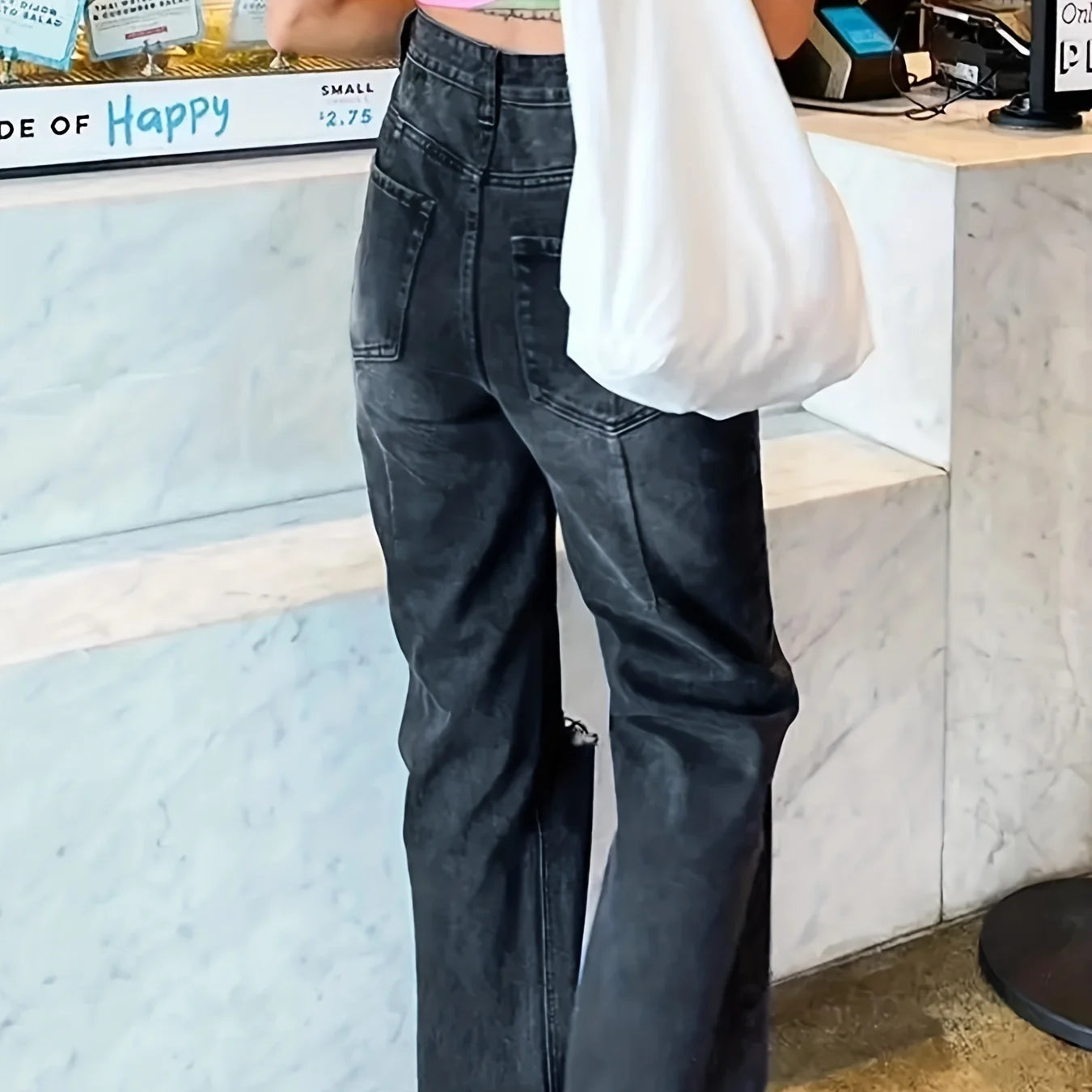 Black Ripped Holes Straight Jeans, Loose Fit Non-Stretch Washed Denim Pants, Women's Denim Jeans & Clothing