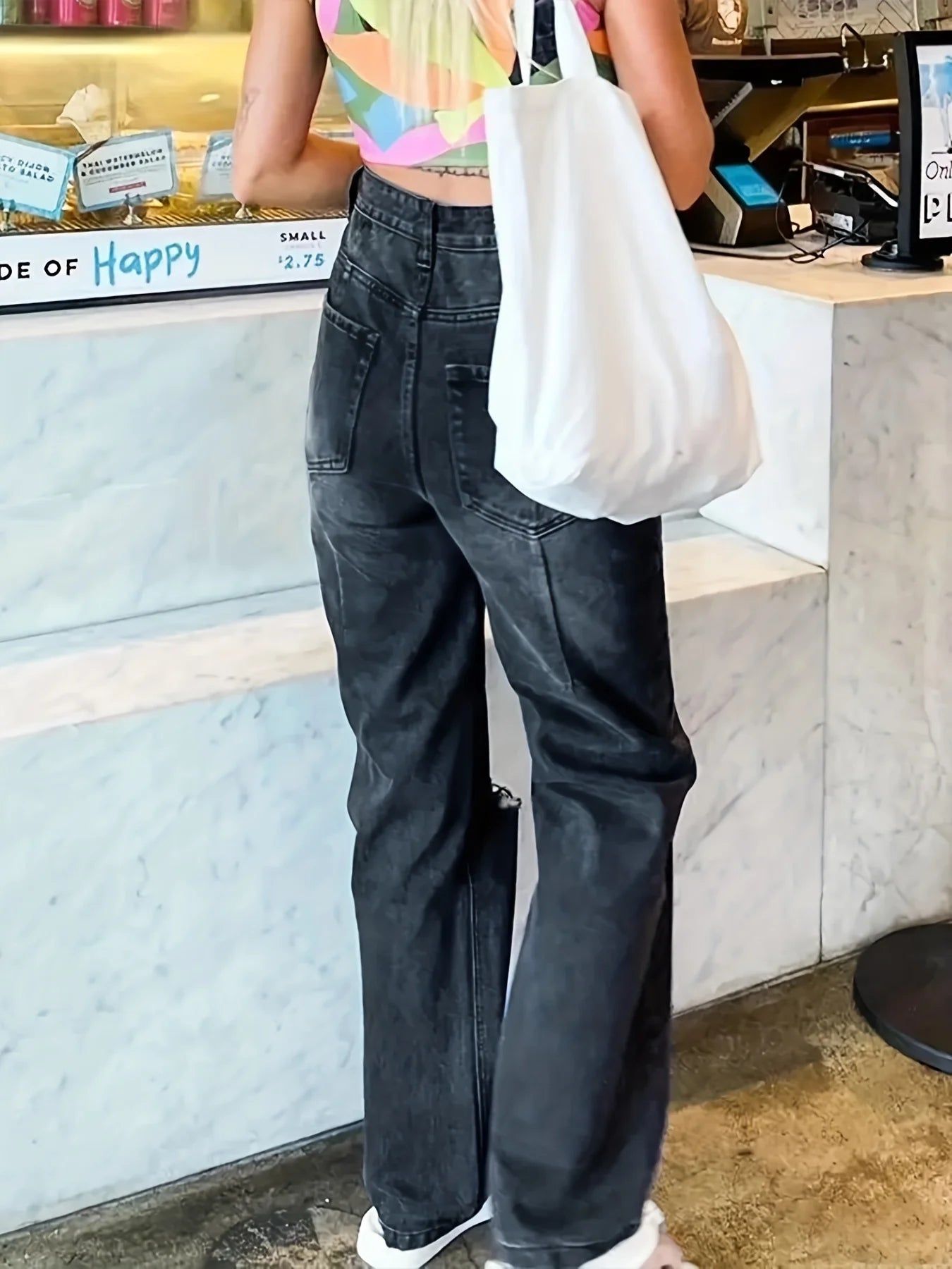 Black Ripped Holes Straight Jeans, Loose Fit Non-Stretch Washed Denim Pants, Women's Denim Jeans & Clothing