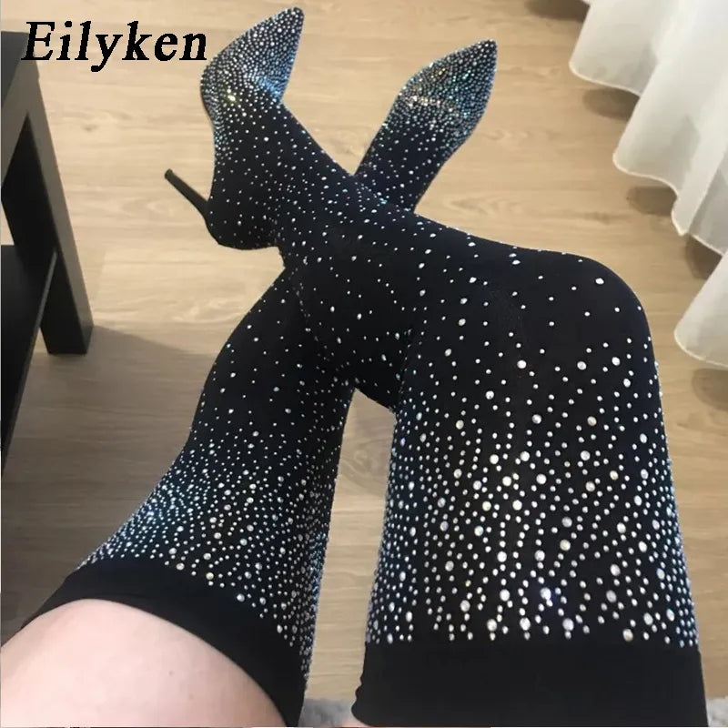 Design Crystal Rhinestone Stretch Fabric Sexy High Heels Sock Over-the-Knee Boots Pointed Toe Pole Dancing Women Shoes