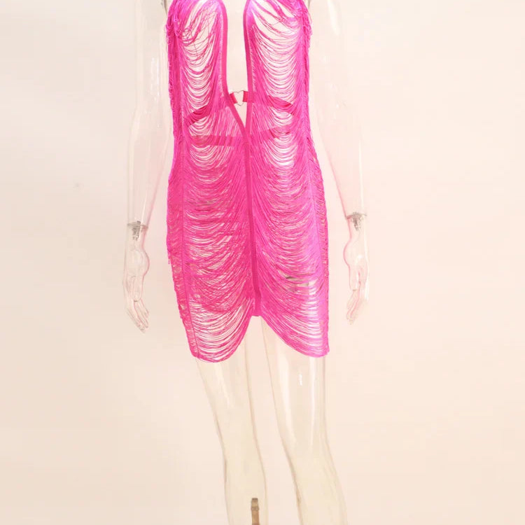 Beyprern New Chic Ladder Cut-Out Knit Beach Cover-Up Mini Dress Women Sexy Clubwear Summer Backless Clubwear Robes Swimwear