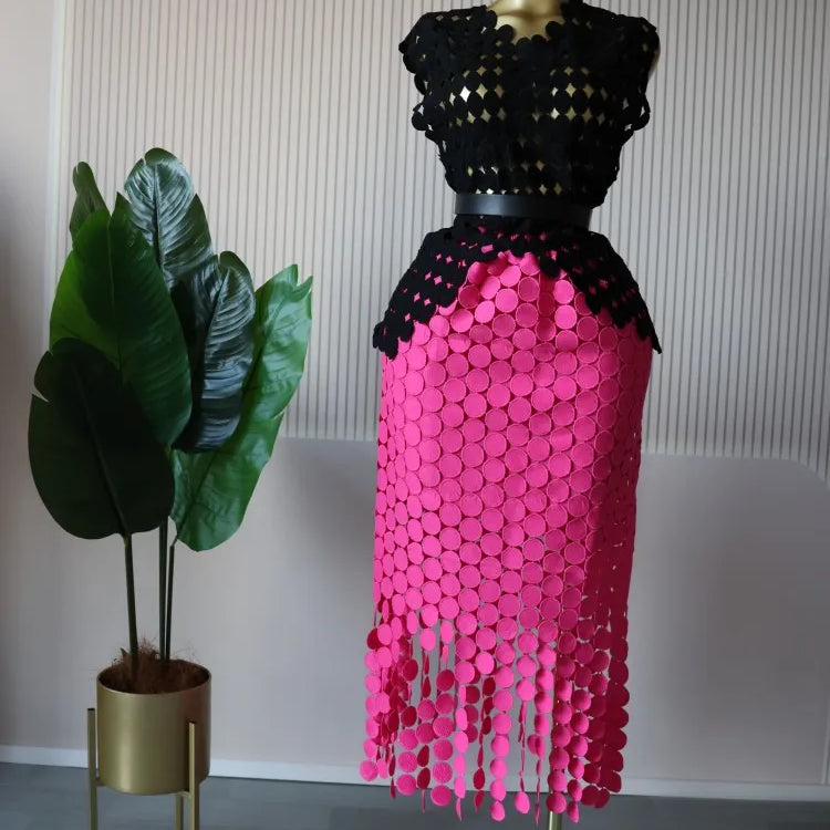 CM.YAYA Women Cutout O-neck Crop Top and Bodycon Midi Slim Maxi Long Skirt Suit 2025 Summer Vacation Sexy Two 2Piece Set Outfits black-Rose red--belt One Size