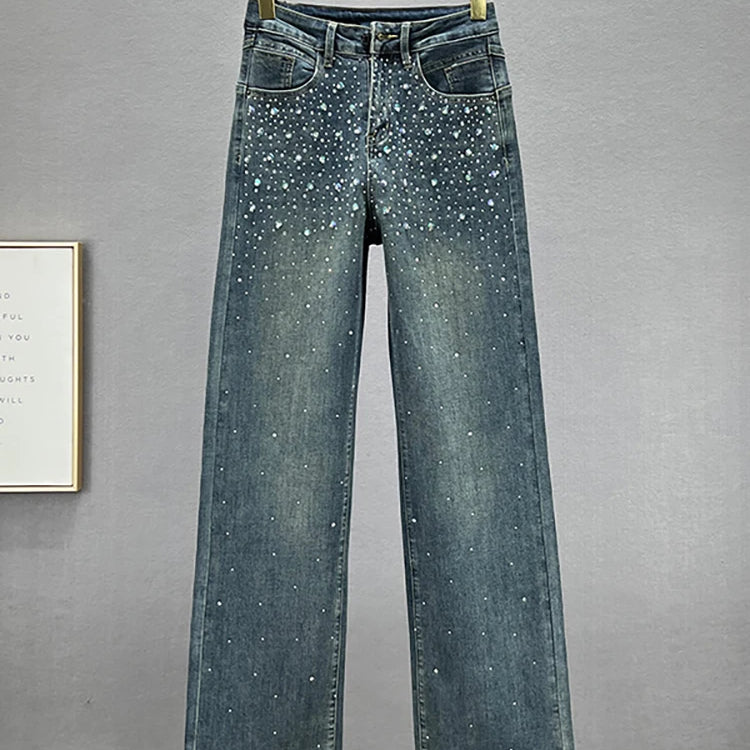 Women's Jeans High Waist Solid Color Sequins Diamond Loose Straight Wide Leg Denim Pants Winter Fashion