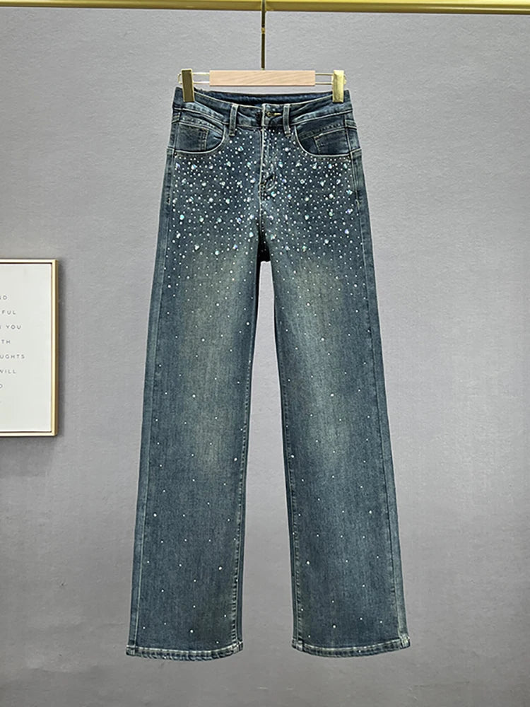 Women's Jeans High Waist Solid Color Sequins Diamond Loose Straight Wide Leg Denim Pants Winter Fashion