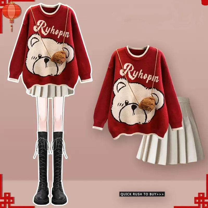 Winter Warm Lucky Red Sweater Pleated Mini Skirts 1 or 2 Piece Set Women Cute Bear Knit Pullover Skirt Outfits Top with Bag