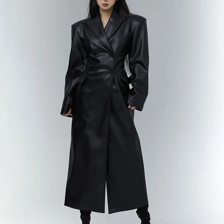 Spring Autumn Long Black Fitted Soft Pu Leather Trench Coat for Women with Shoulder Pads Luxury Designer Clothing 2023