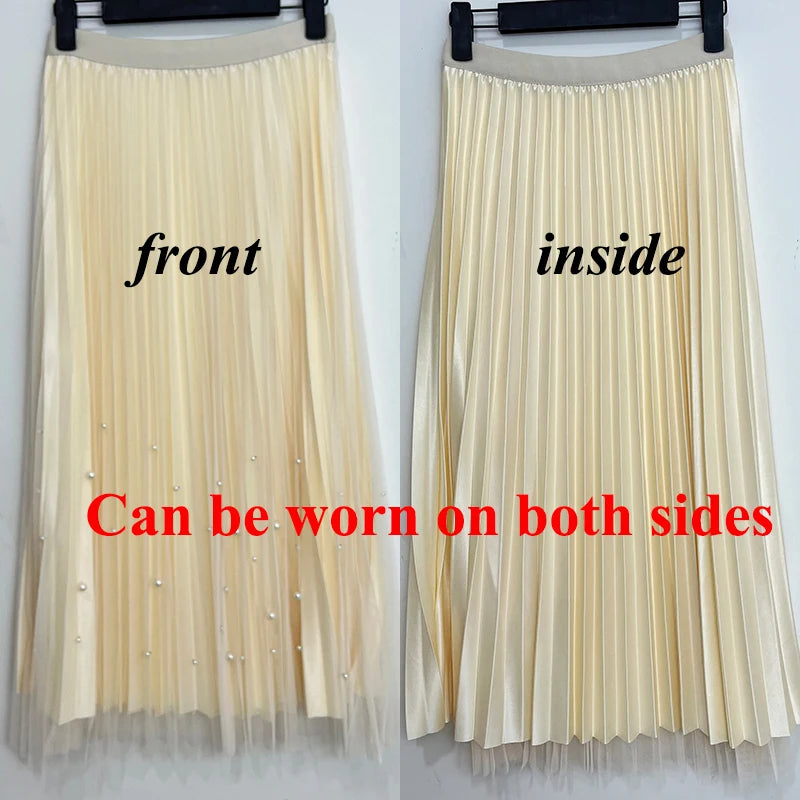 Both Sides Wear Pearls Mesh Skirt Women Summer Velvet High Waist Long Skirts Woman Solid Color A Line Pleated Skirts