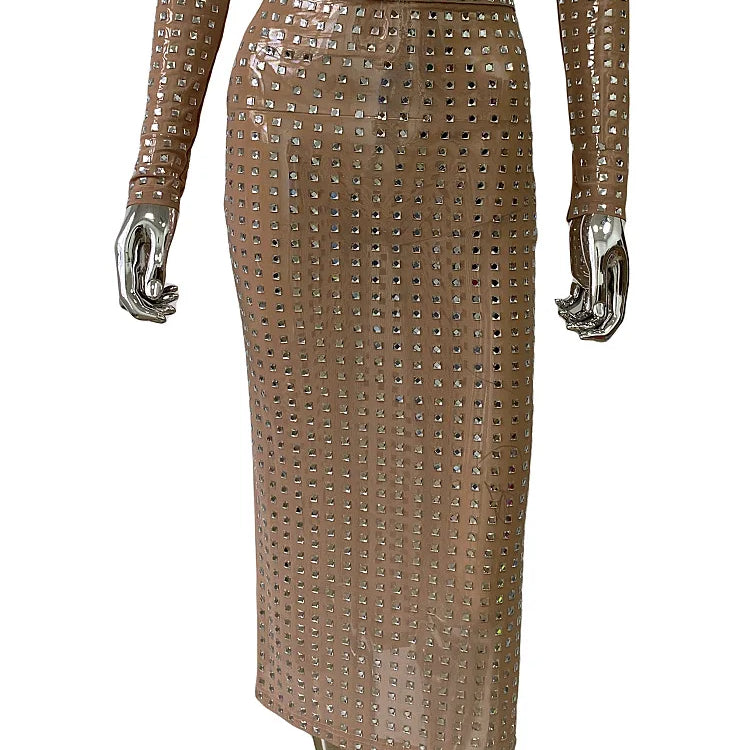 STOCK Sparkling square Diamonds Sexy Mesh See Through Top And Skirt Woman Fashion Set High Street Wear Evening Party Outfit