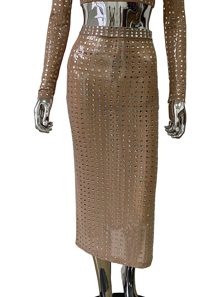 STOCK Sparkling square Diamonds Sexy Mesh See Through Top And Skirt Woman Fashion Set High Street Wear Evening Party Outfit