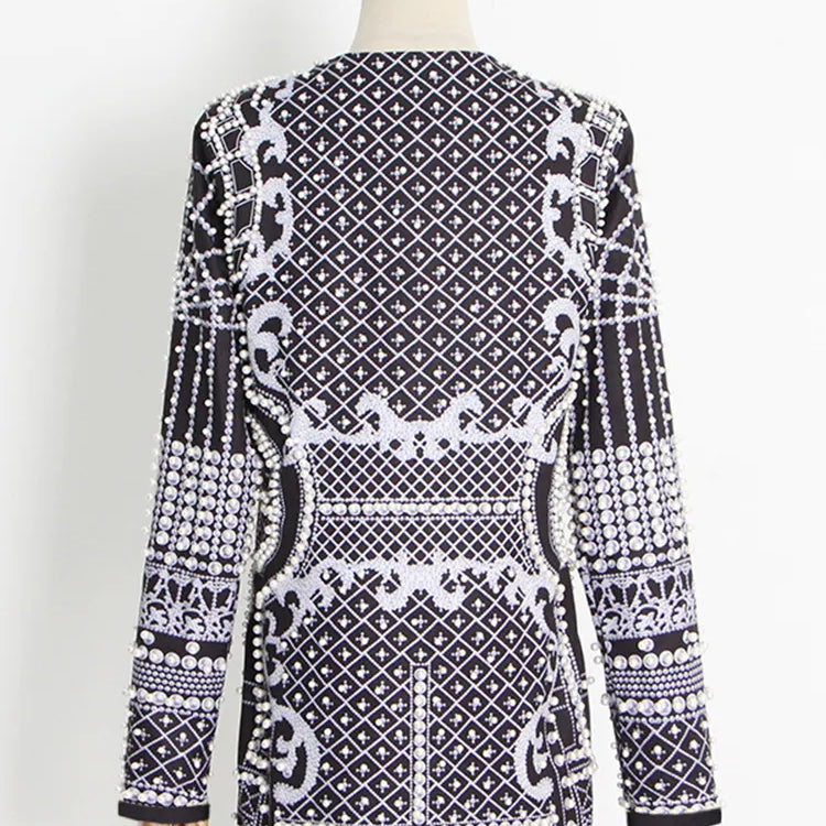 Stylish Designer Jacket Women's V-neck Long Sleeve Luxurious Metallic Beaded Long Blazer