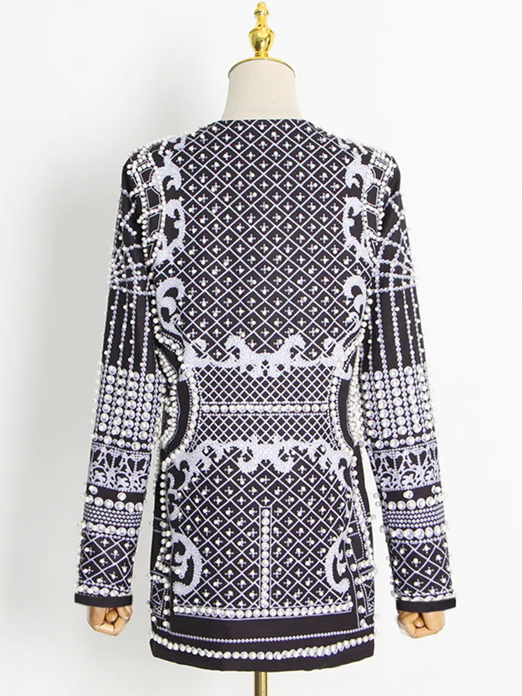 Stylish Designer Jacket Women's V-neck Long Sleeve Luxurious Metallic Beaded Long Blazer