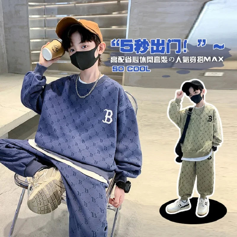 Children Loungewear Suits for Boys Round Neck Sweater and Pants 2Pcs Outfit Sets Junior Kids Letter Sports Clothes Tracksuit