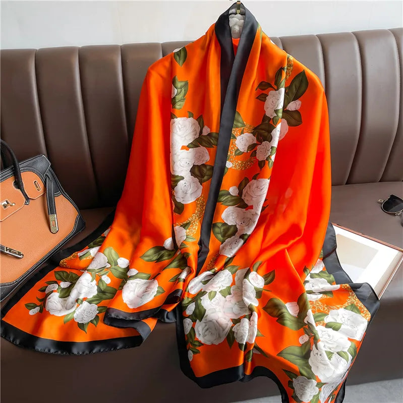 180*90cm Luxury Silk Scarf Women Printing Long Sun Protection Shawl Large Size Bandanna Foulard Muffler Hijab Scarves Soft Wraps XL131-2 180X90cm